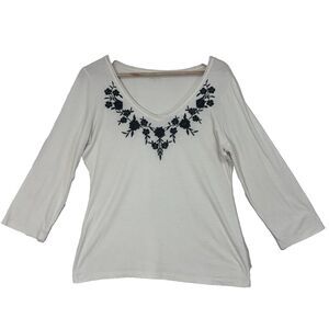 Garnet Hill Ivory Floral Embroidered 3/4 Sleeve Top Sz L Boho Feminine Casual